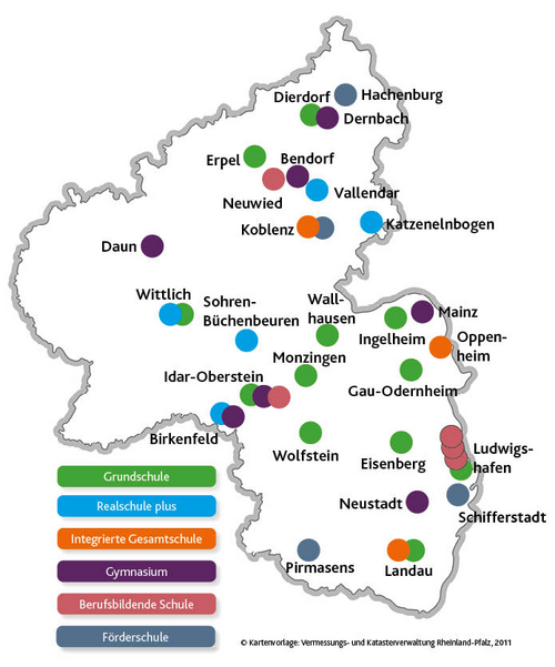 Zu sehen sind die Hospitationsschulen auf einer Rheinland-Pfalz-Karte