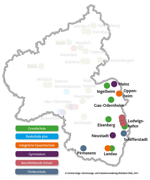 Zu sehen sind die Hospitationsschulen der Region Neustadt auf einer Rheinland-Pfalz-Karte