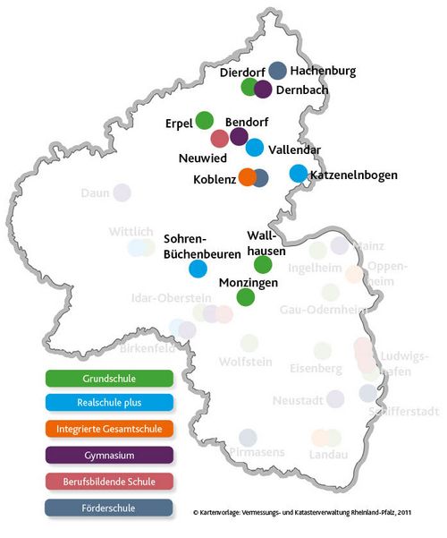 Zu sehen sind die Hospitationsschulen der Region Koblenz auf einer Rheinland-Pfalz-Karte