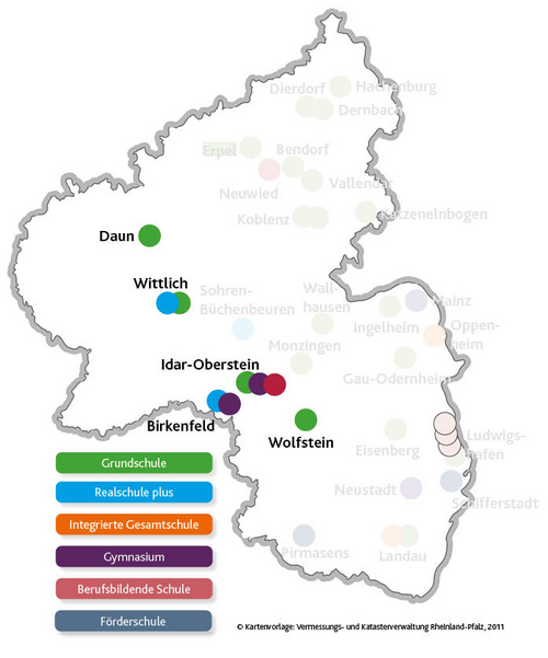 Zu sehen sind die Hospitationsschulen der Region Trier auf einer Rheinland-Pfalz-Karte